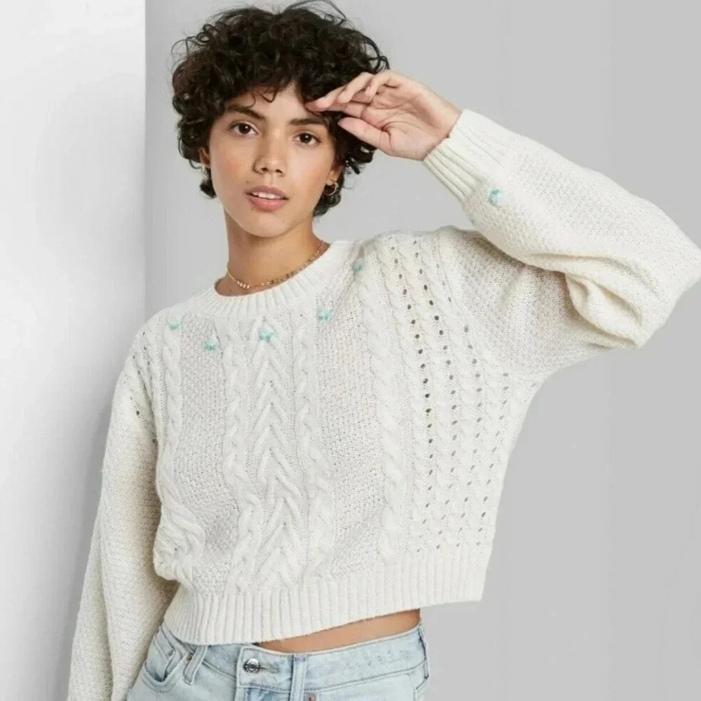 Wild Fable Floral Knit Cropped Balloon Sleeve Sweater